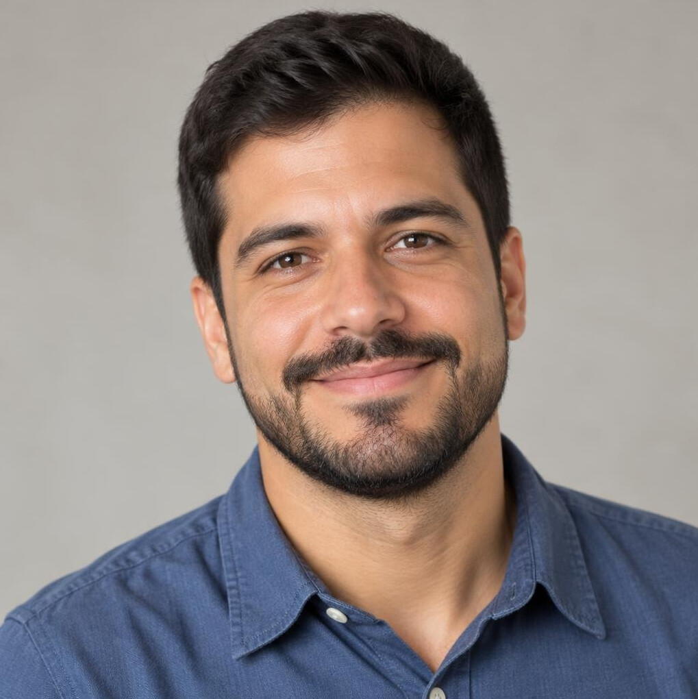 Portrait of a Brazilian man researcher with a short beard