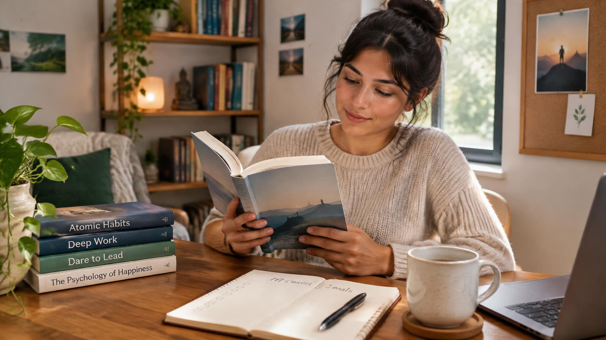 person reading book at home